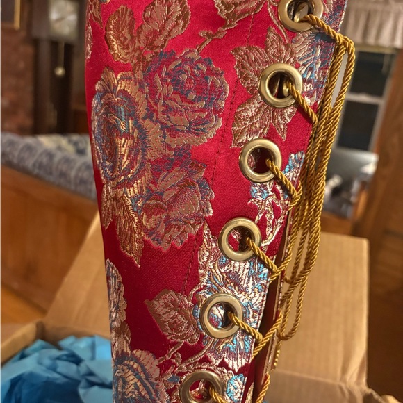 John Fluevog Shoes - John Fluevog Red Brocade Lace-Up Heeled Boots